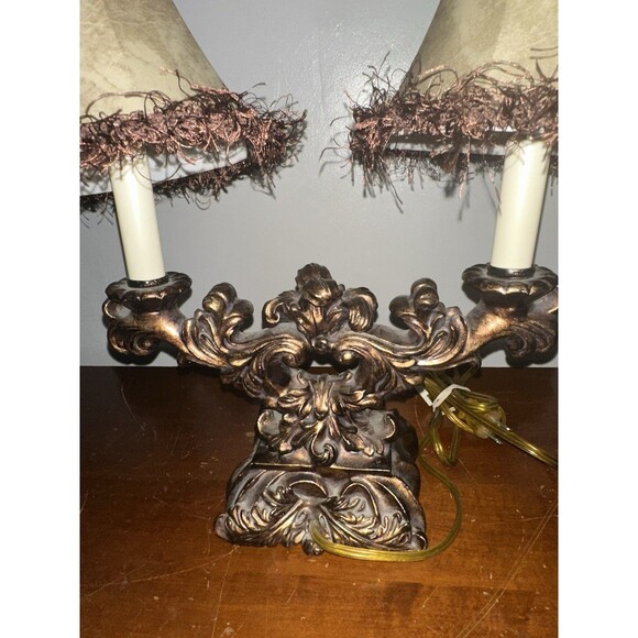 VTG Small Ornate Gilt Finished Two Light Table Lamp Beige Fabric Shades - Picture 9 of 10